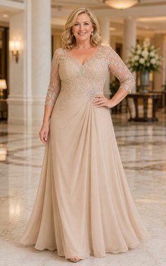 MOB Dress Champagne Chiffon Lace A-Line 3/4 Sleeve Bateau Neck Floor Length