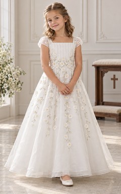 Square Neck White Cap Sleeve Trailing Daisy Organza Communion Dress