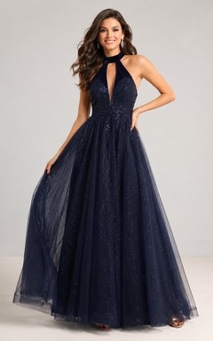 Navy Halter Keyhole Glitter Tulle A Line Prom Dress