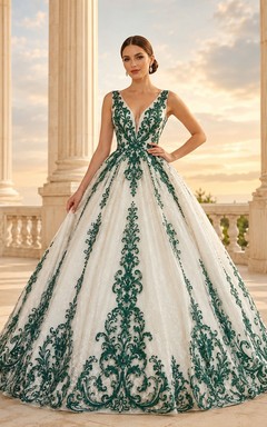 Emerald Ornate Bridal Ball Gown V-neck Sleeveless Cathedral Train Luxury Elegant Gown