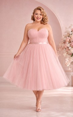 Blush Tulle Sweetheart Pleated Sleeveless Tea-Length Plus-Size A-Line Dress
