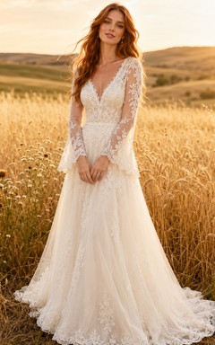 Brautkleid im Landhausstil mit Spitze, A-Linie, herzförmigem Schnitt, langen Ärmeln, Schleppe und tiefem V-Ausschnitt am Rücken