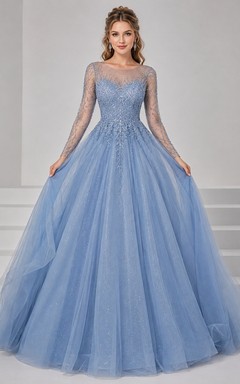 Long Sleeve Sky Blue Tulle Ball Gown Ethereal Prom Dress