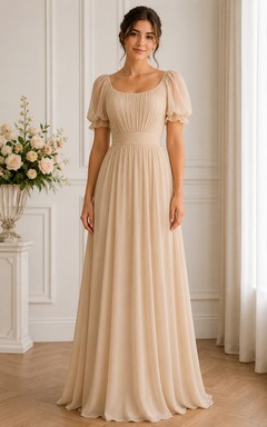 Champagne A-Line Chiffon Scoop Neck Bridesmaid Dress with Puff Sleeves