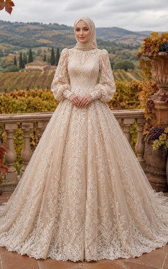 Modest Muslim Lace Ball Gown High Neck Long Sleeve Wedding Dress