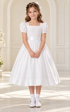 Square Neck Tea-length White Smocked Puff Sleeve Tucked Communion Dress