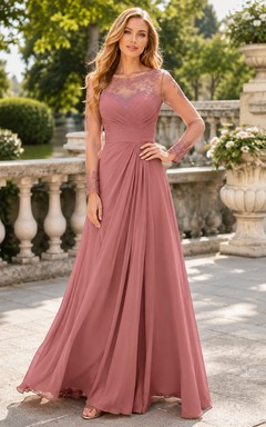 Vestido formal de corte A de gasa color rosa empolvado con mangas ilusión