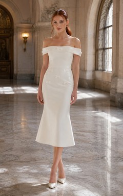Ivory Off-the-Shoulder Satin Tea-Length Sheath Dress