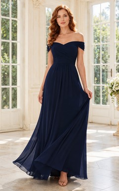 Mansion Formal Dark Navy Romantic Elegant A-Line Chiffon Bridesmaid Dress with Off Shoulder Sweetheart Short Sleeve Floor-Length Low Back