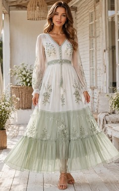 Vestido de noche largo hasta el suelo, sin mangas, de gasa con escote cuadrado y estampado floral en color verde salvia.