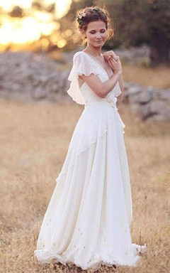 Brautkleid aus Chiffon mit böhmischer Perlenstickerei, tiefem V-Ausschnitt, rückenfreiem Design, Blumenstickerei, transparenten Ärmeln und Falten im Boho-Stil