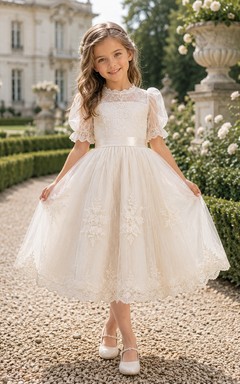 A-Line French Vintage Flower Girl Dress with Puff Sleeves, Floral Lace Skirt, Satin Waist, Tea-Length Heirloom Formal Style