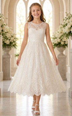 Vestido vintage de encaje festoneado, largo hasta la rodilla, corte en A, sin mangas, para dama de honor juvenil.