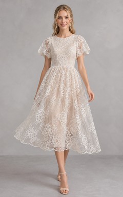 Vintage Teelänge A-Linie Spitzenkleid mit flatternden Ärmeln für standesamtliche Hochzeiten