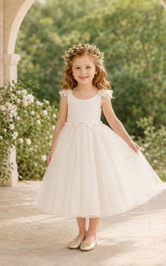 Bow Back Tulle A-Line Flower Girl Dress with Jewel Neck and Tea-Length Skirt