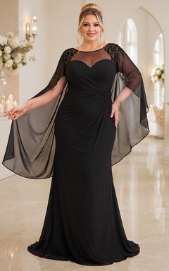 Robe de soirée sirène en dentelle noire illusion bateau, traîne balayée, grande taille