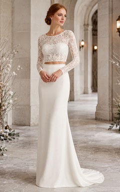 Long Sleeve Lace Crop Top Crepe Mermaid Chapel Bridal Set