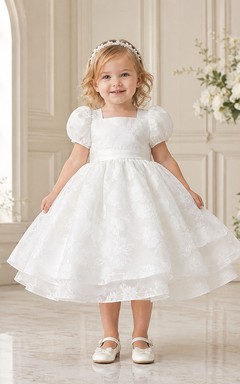 Baptism Dress A-Line Organza Tulle Square Neck Short Sleeve Bow Sash