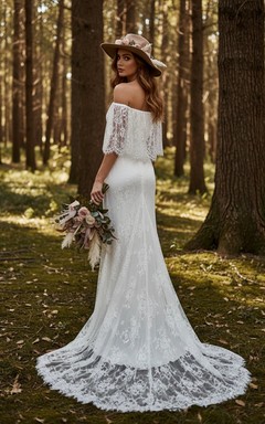 Robe de mariée sirène en dentelle à épaules dénudées, avec longue traîne et manches papillon