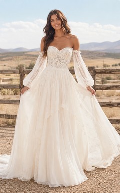 Vestido de novia de tul y encaje campestre, corte en A, hombros descubiertos, manga corta, cola de capilla, espalda baja en V.
