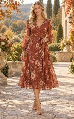 Braunes, rostfarbenes, geblümtes A-Linien-Kleid mit V-Ausschnitt und kurzen Ärmeln für Gäste im Herbst