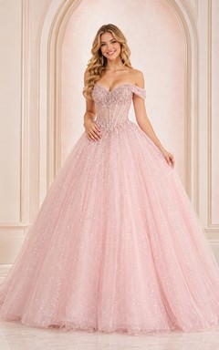 Blush Off Shoulder Sparkle Tulle Ball Gown Sweet Sixteen Prom Formal Dress
