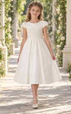 Tea-length Country Ivory A-line Smocked Cap-sleeve Gathered Bow-back Flower Girl Dress