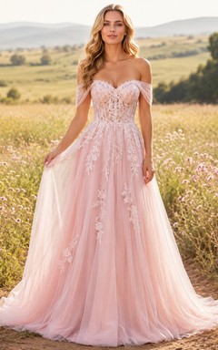 Rosafarbenes, schulterfreies Brautkleid im Boho-Stil mit Blumenmuster aus Tüll