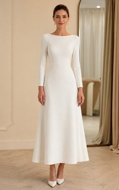 Simple Civil Satin A Line Bateau Long Sleeve Tea Length Wedding Dress