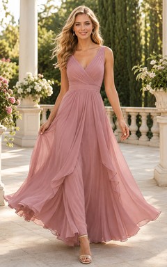 Robe de demoiselle d'honneur rose poudré en mousseline rose poudré, col V asymétrique, coupe trapèze, bustier plissé, idéale pour un mariage champêtre.