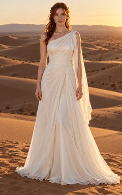 Vestido de novia sencillo de un solo hombro con corpiño drapeado de gasa, capa en el hombro y cola larga.