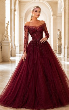 Luxury Burgundy Tulle Ball Gown Floor-Length Off-Shoulder Long Sleeve Prom Dress