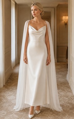 Simple Civil Satin A-Line Floor-Length Cowl Neck Straps Wedding Dress