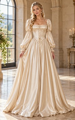 Robe de mariée Renaissance en satin à manches longues, col carré et corset trapèze