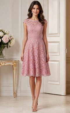 Dusty Rose Lace Knee-Length Cap Sleeve Formal Dress