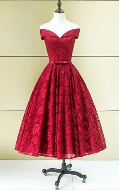A-Line Off-the-Shoulder Bowknot Lace Sashes Tea-Length Prom Dress