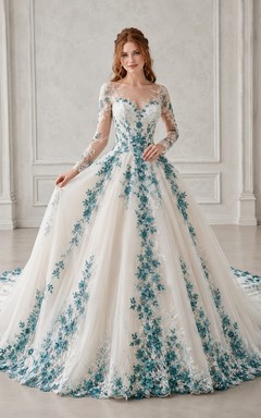 Türkisfarbenes, romantisches Brautkleid in A-Linie mit V-Ausschnitt, langen Ärmeln, Spitze und floralem Muster