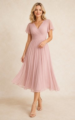 Teelanges, romantisches Chiffon-Kleid in A-Linie mit V-Ausschnitt, kurzen Ärmeln und in A-Linie – ein formelles Abendkleid