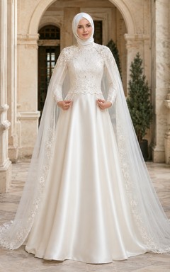 Two Piece Muslim Lace Cape Satin Ball Gown Wedding Dress