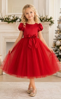 Red Puff Sleeve Tulle Tea-Length A-Line Bow Formal Winter Flower Girl Dress