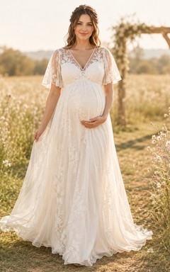Robe de mariée de maternité en mousseline de soie, coupe trapèze, col en V, manches papillon, dentelle, longueur au sol
