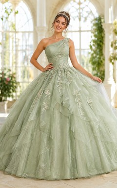 Salbeigrünes, ärmelloses Ballkleid aus Tüll mit einer Schulter, bodenlang, appliziert, für Quinceañeras