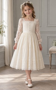 Vestido de niña de flores de manga larga, cuello cuadrado, largo hasta la rodilla, color marfil, estampado floral, corte en A, encaje, con botones delanteros.