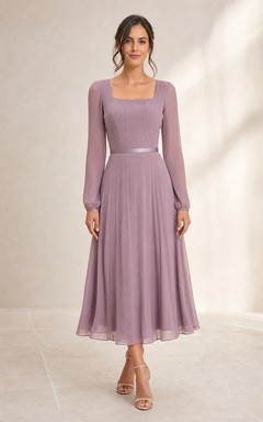 Mauve Square Neck Long Sleeve Chiffon Tea-Length Dress