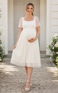 Maternity Square Neck Short Illusion Lace Sleeve Tulle Empire Tea Wedding Dress