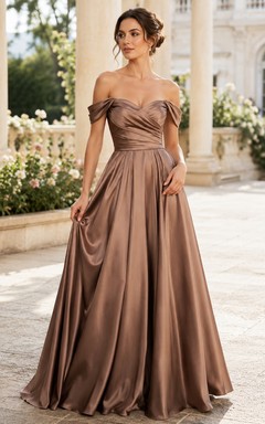 Vestido formal de satén color topo con escote Bardot y corte en A