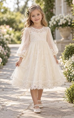 Tea-length Long Sleeve Cream Floral Scalloped Scoop Illusion Bishop Cuff Gathered Lace Border Flowergirl Dress
