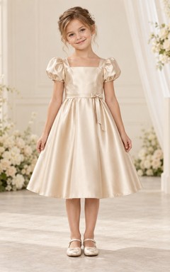 Knee-length Square-Neck Simple Champagne A-line Satin Puff-sleeve Side-tie Flower Girl Dress