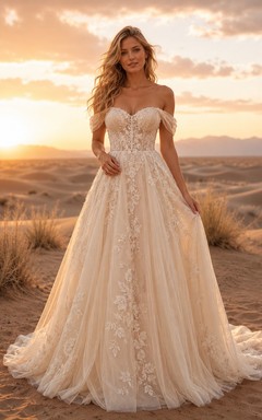 Champagne Boho Off-Shoulder Applique Tulle Desert Bridal Gown