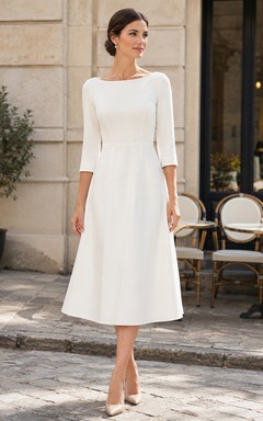 Robe de mariée civile minimaliste à manches trois-quarts et coupe évasée, longueur thé, style bateau